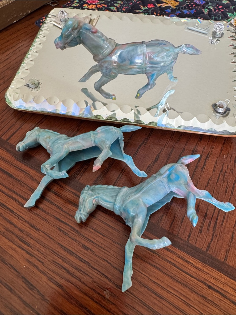 Lot 3X Vintage 60mm REL Western Wagon Horse Mottled Blue Pink Hard Plastic